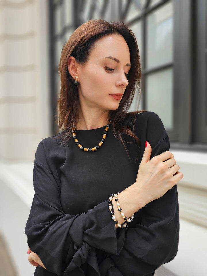 Black Obsidian and White Pearls Double Layers Bracelet / Choker NB001