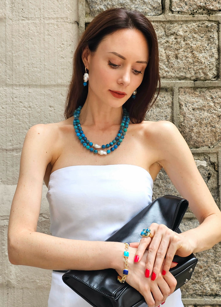 Blue Opal With Baroque Pearls Double Layers Necklace NN047