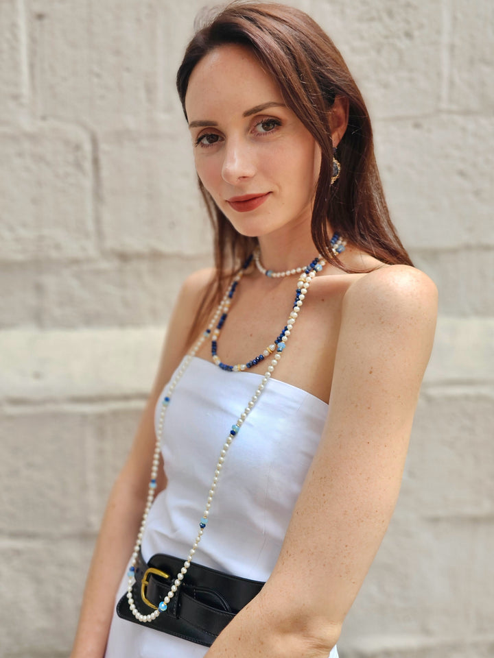 Freshwater Pearls With Lapis Opera Long Necklace NN049