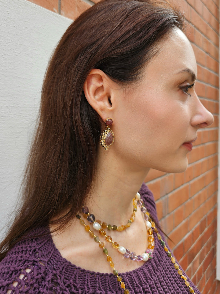 Heart Citrine And Amethyst With Raspberry And Pearls Necklace NN016