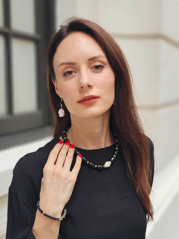 Baroque Pearls With Black Obsidian Clip-on Earrings NE007