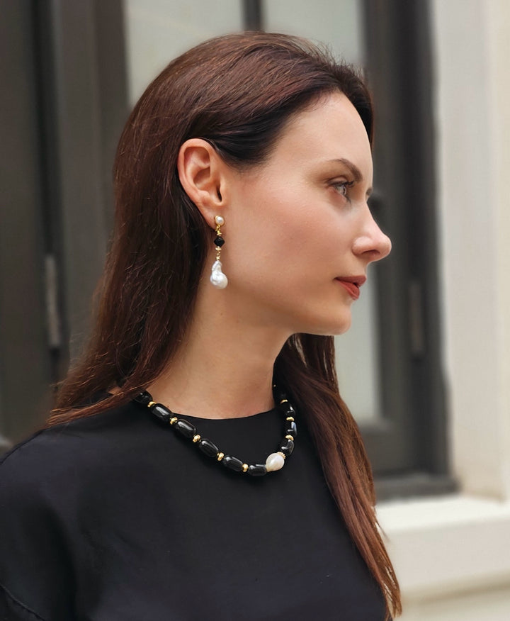 Baroque Pearls With Black Obsidian Clip-on Earrings NE007