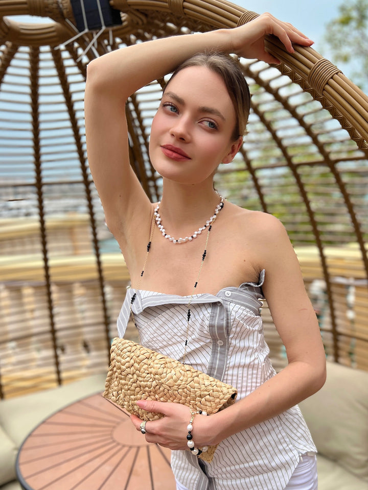 Gold Chain with Black Obsidian Long Necklace LN073 - FARRA