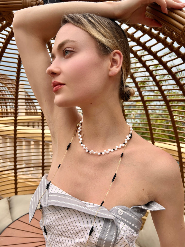 Gold Chain with Black Obsidian Long Necklace LN073 - FARRA