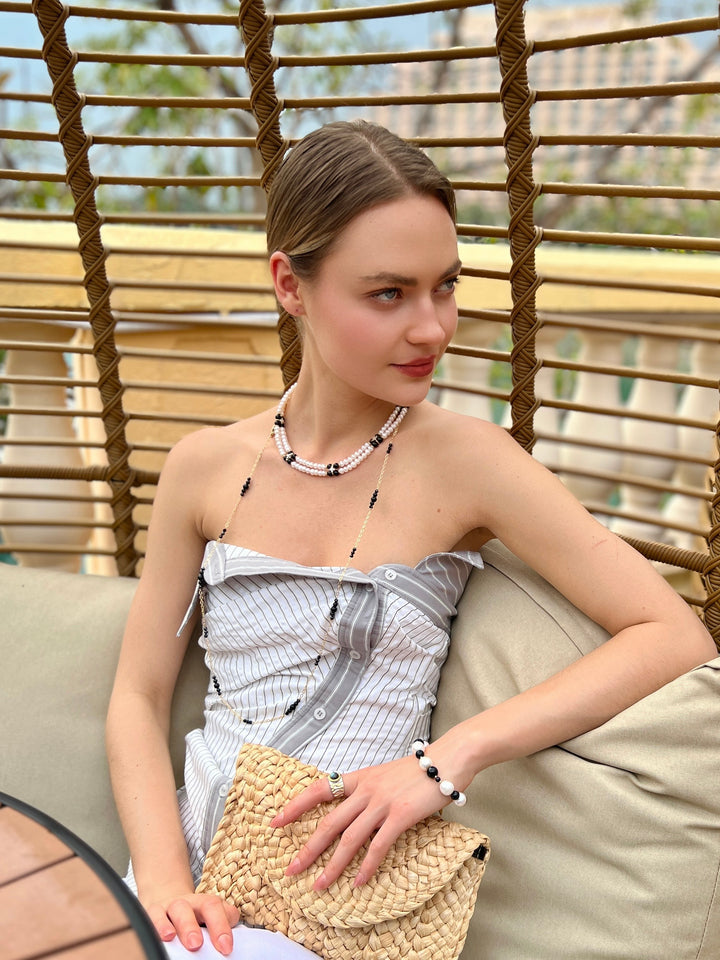 Freshwater Pearls with Black Obsidian and Zircon Stone Statement Collar Necklace LN070 - FARRA