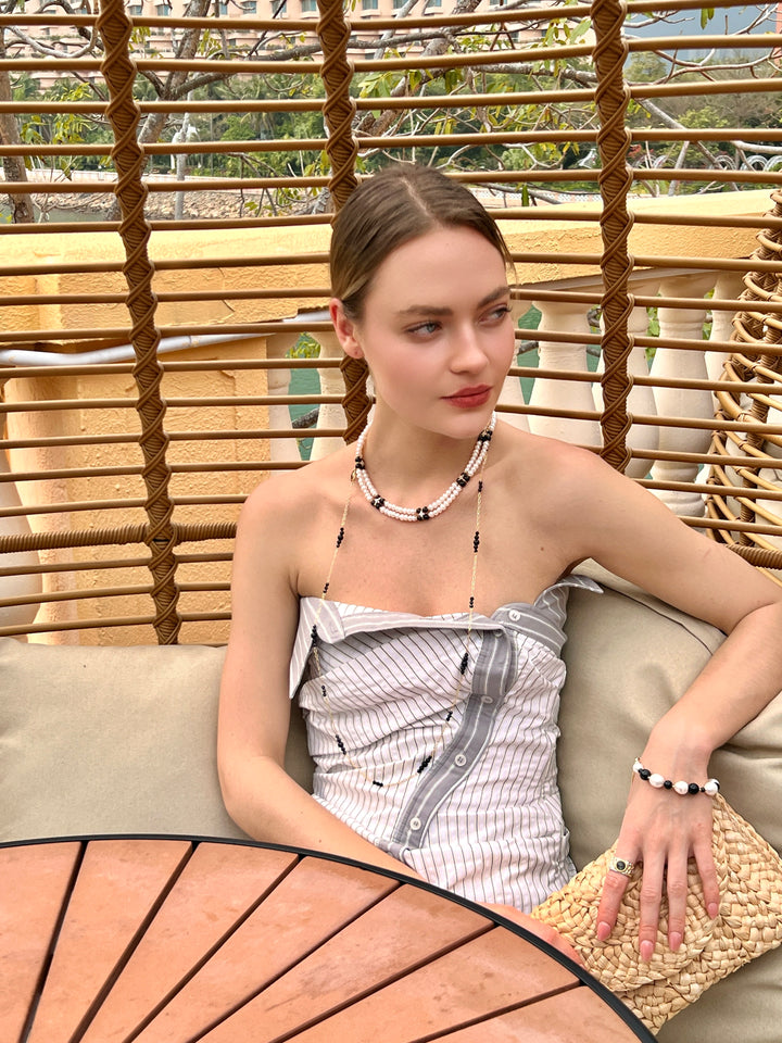 Freshwater Pearls with Black Obsidian and Zircon Stone Statement Collar Necklace LN070 - FARRA
