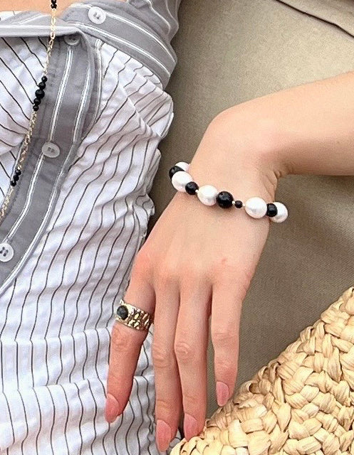 Baroque Pearls with Black Obsidian Adjustable Bracelet LB018 - FARRA