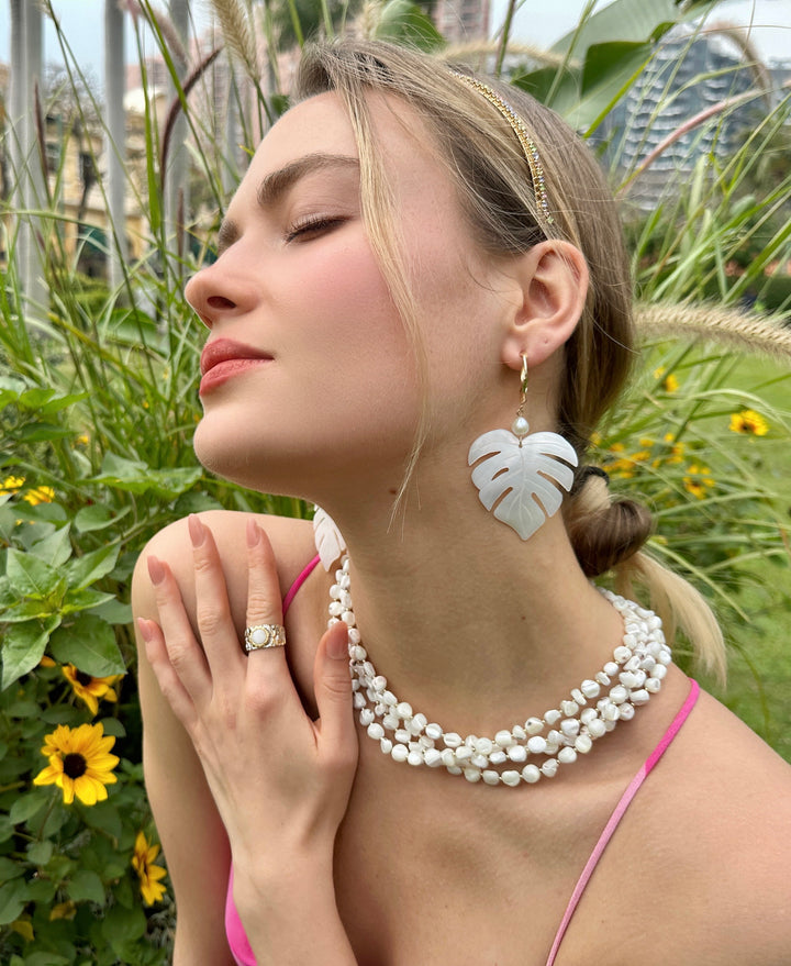 Leaves Shaped Shell with Pearls Chunky Earrings LE038 - FARRA