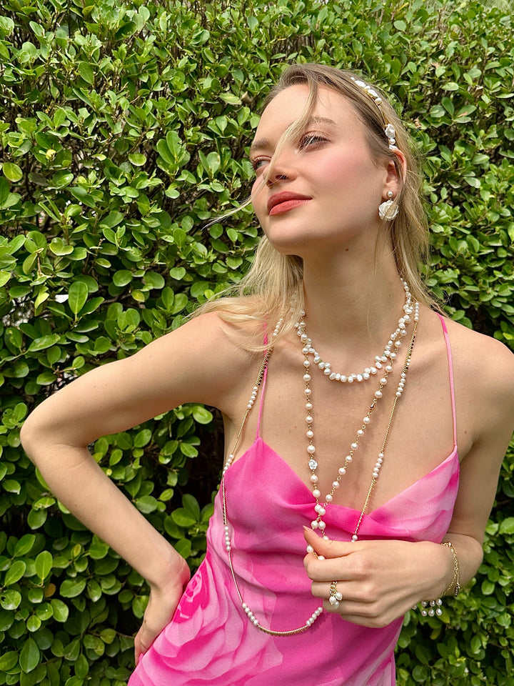 Gold Chain with Freshwater Pearls Long Necklace LN065 - FARRA