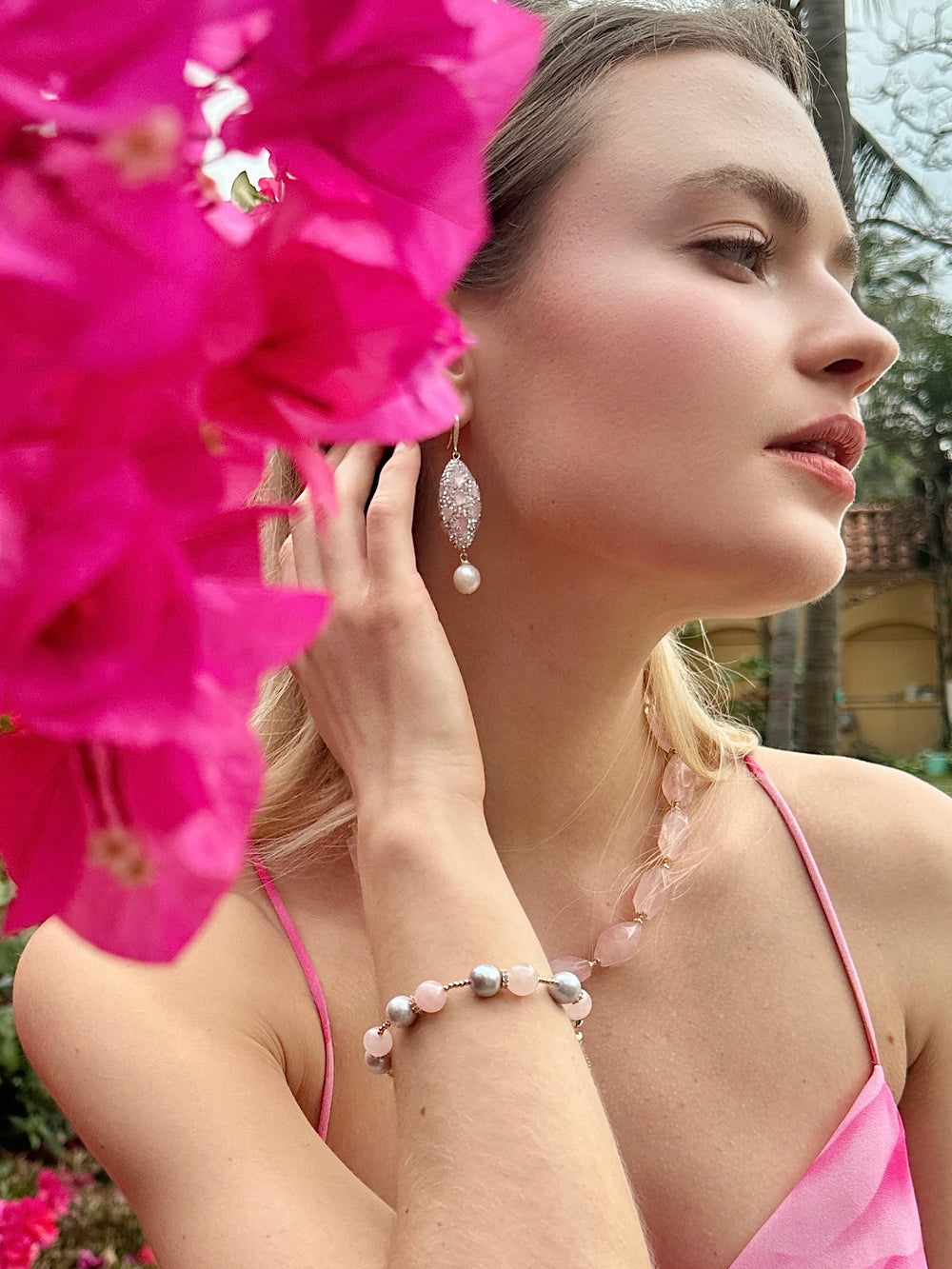 Rose Quartz Rhinestone and Freshwater Pearls Earrings LE007 - FARRA