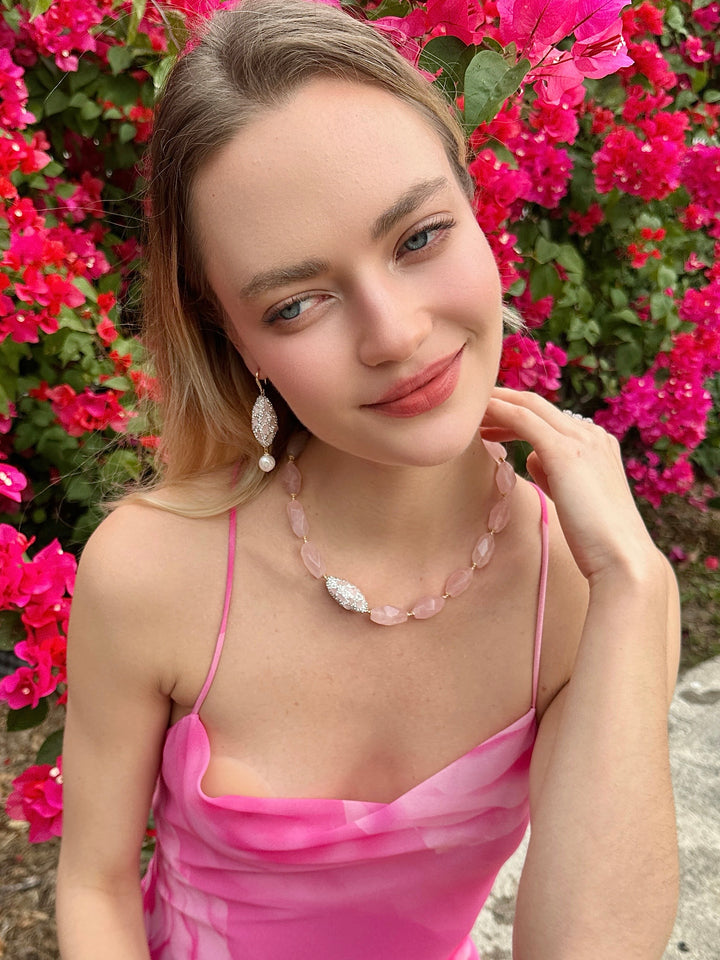 Rose Quartz Rhinestone and Freshwater Pearls Earrings LE007 - FARRA