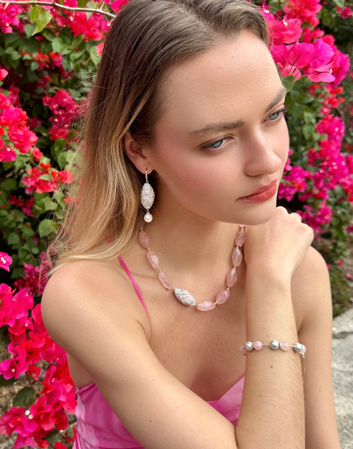 Rose Quartz Rhinestone and Freshwater Pearls Earrings LE007 - FARRA