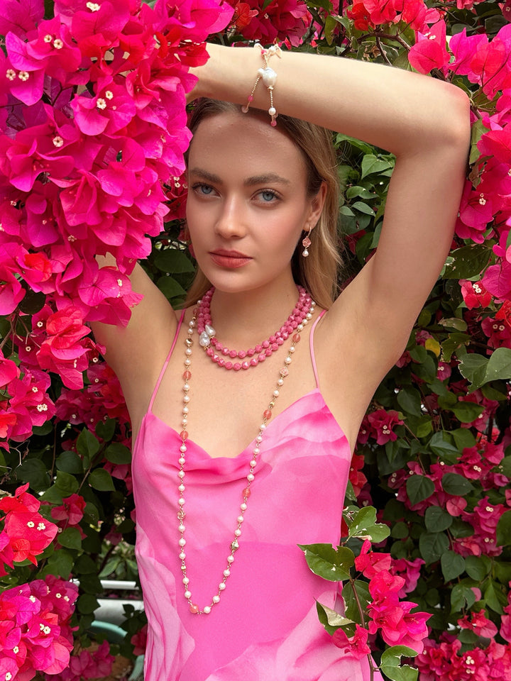 Baroque Pearls With Pink Gemstones Double Layers Bracelet/ Choker LB001 - FARRA
