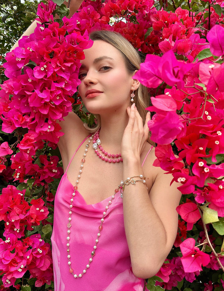 Freshwater Pearls And Pink Watermelon Quartz With Rose Charms Long Necklace LN006 - FARRA