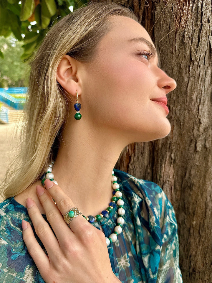 Heart-Shaped Lapis with Round Malachite Earrings LE032 - FARRA