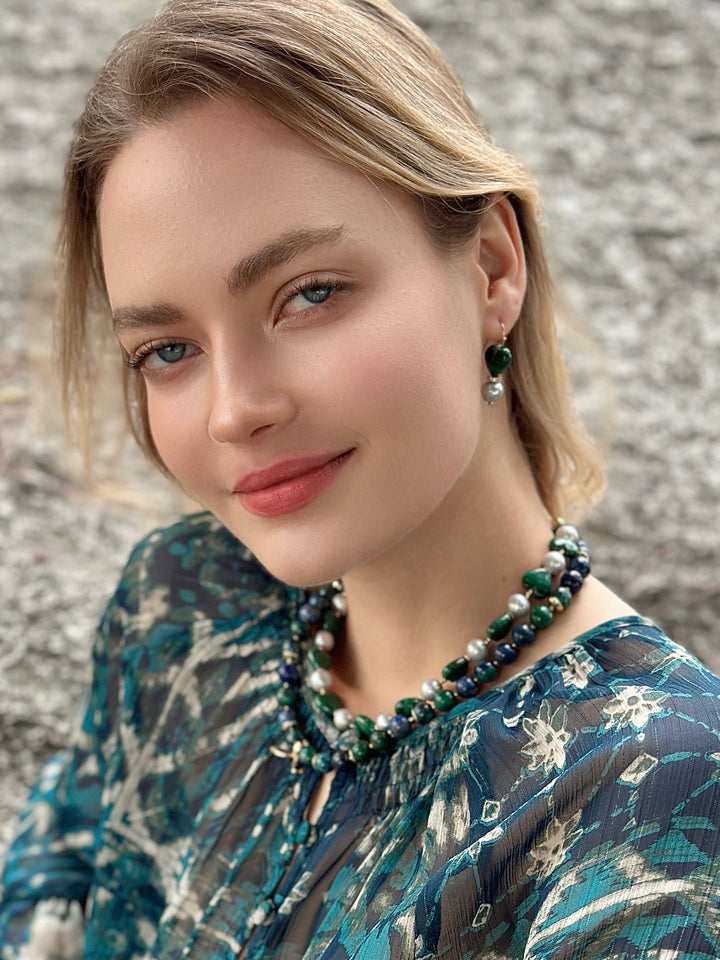 Heart-Shaped Malachite with Gray Freshwater Pearls Statement Necklace LN047 - FARRA
