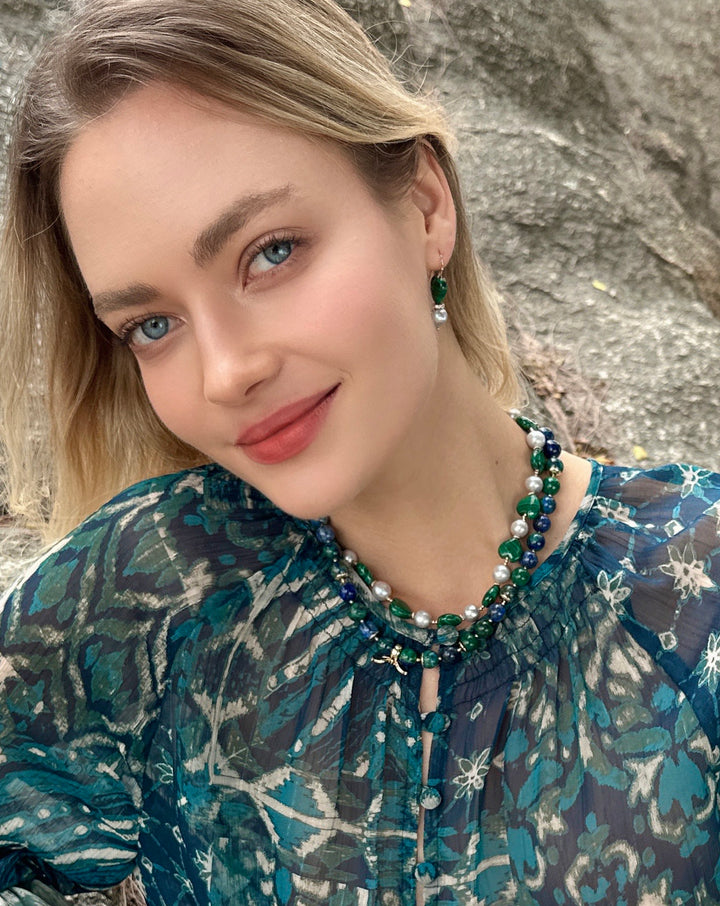 Heart-Shaped Malachite with Gray Freshwater Pearls Statement Necklace LN047 - FARRA