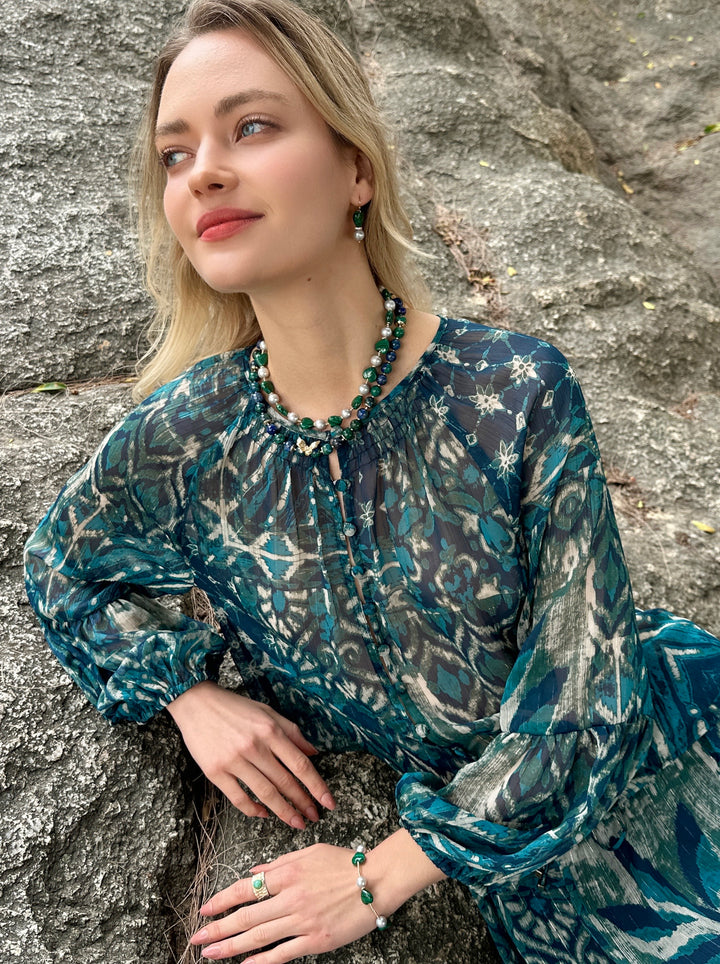 Heart-Shaped Malachite with Gray Freshwater Pearls Statement Necklace LN047 - FARRA