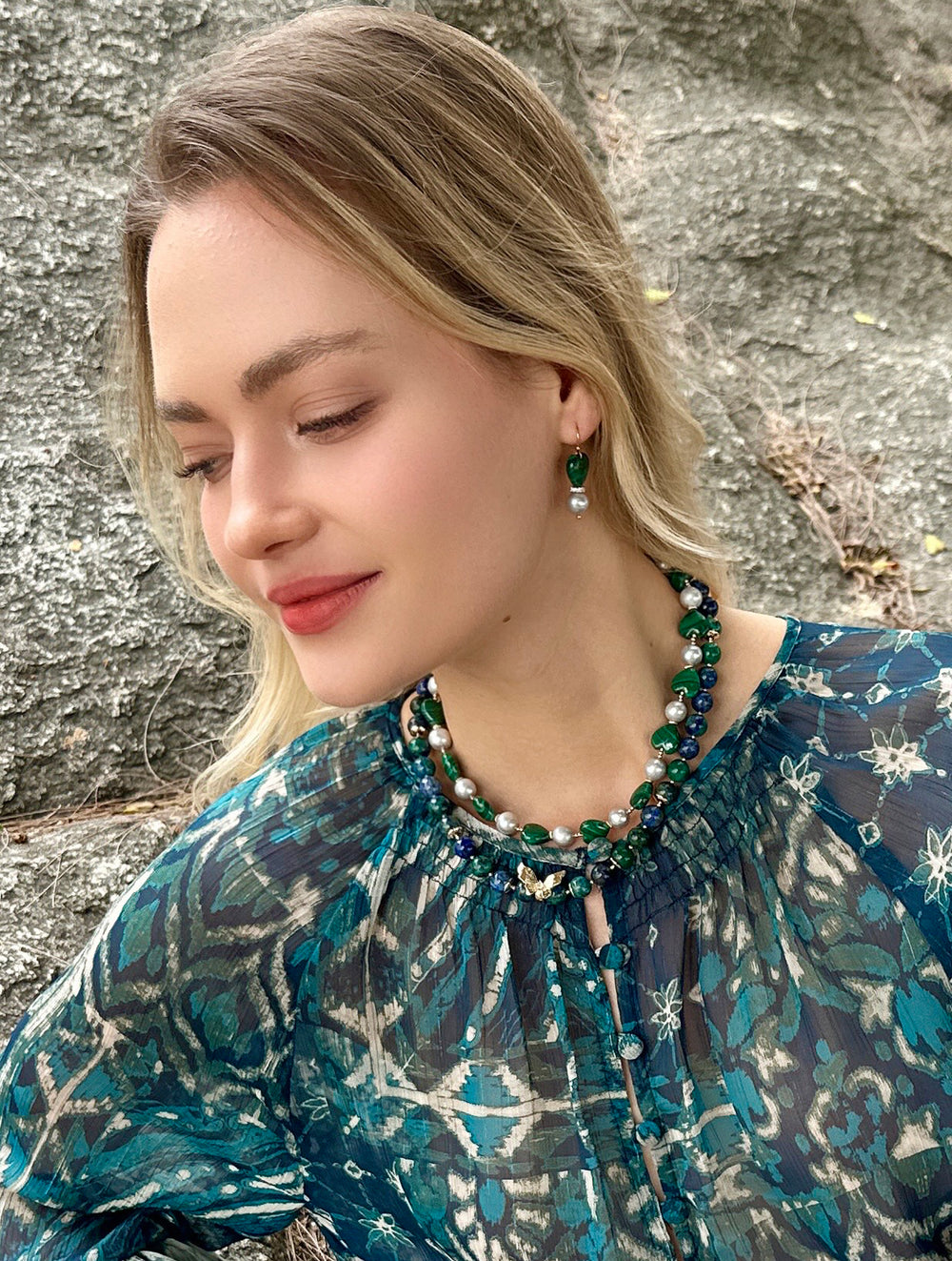 Heart-Shaped Malachite with Gray Freshwater Pearls Statement Necklace LN047 - FARRA