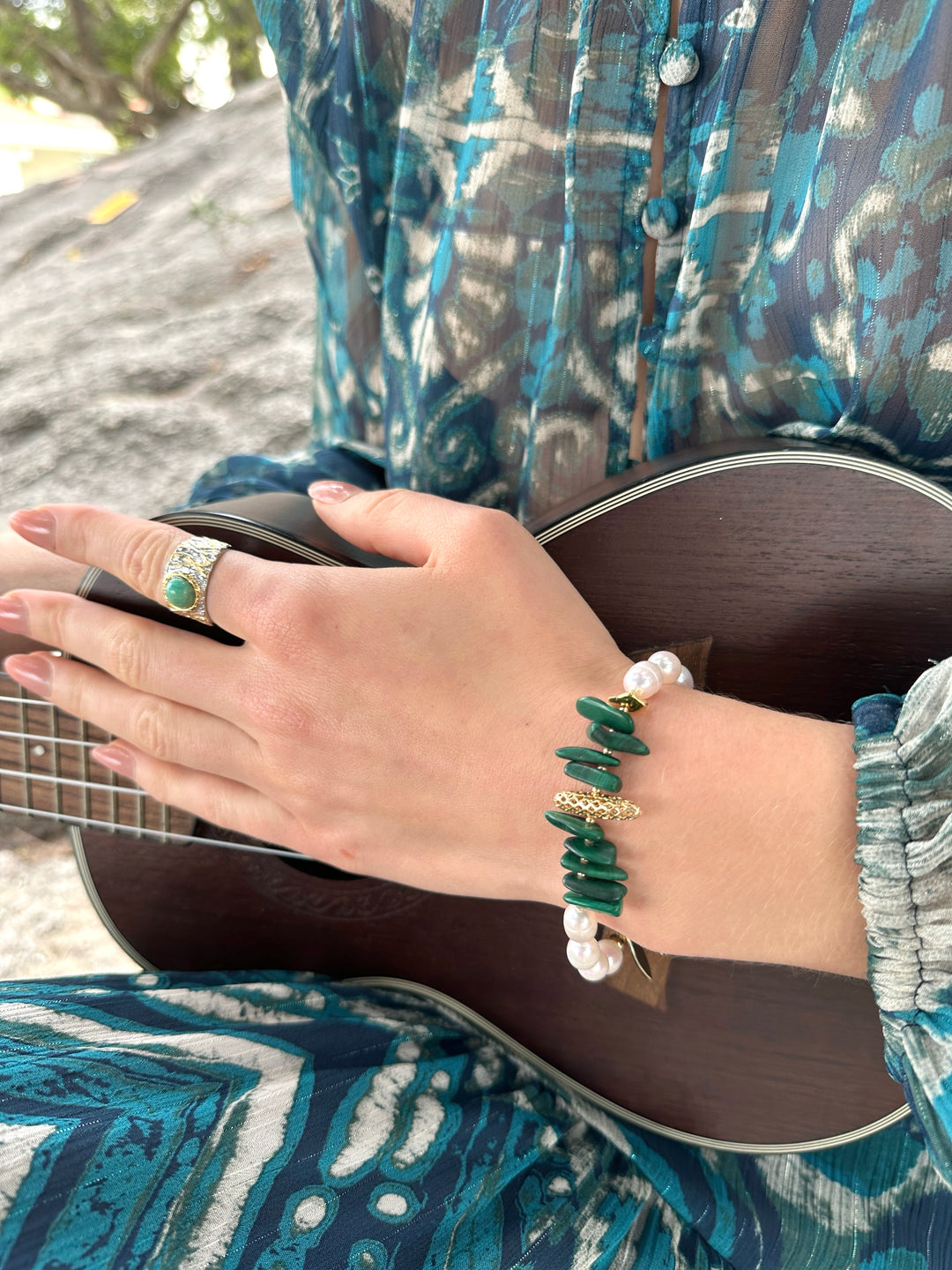 Freshwater Pearls with Irregular Malachite Bracelet LB012 - FARRA