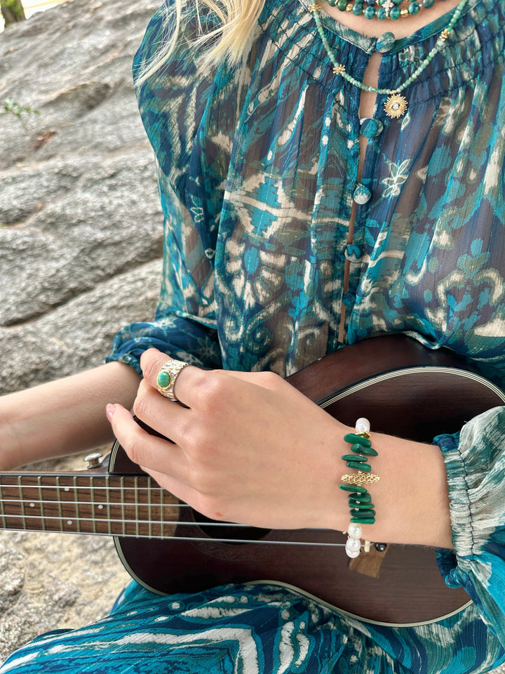 Freshwater Pearls with Irregular Malachite Bracelet LB012 - FARRA