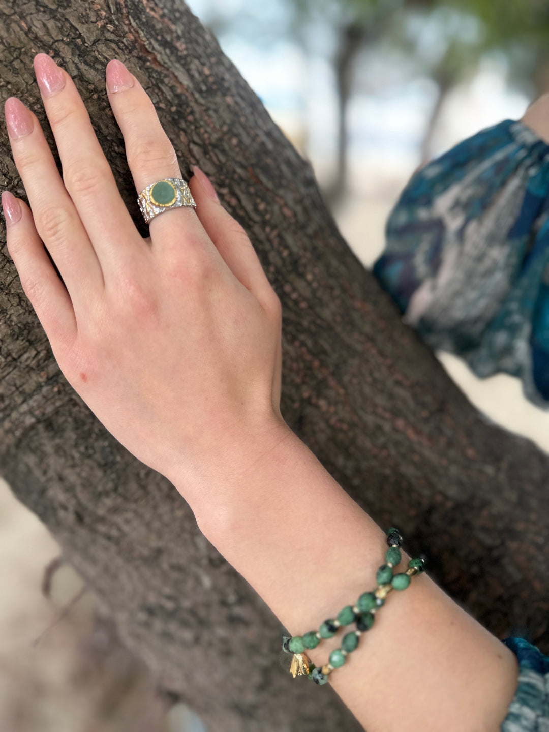Aventurine Stone Platinum Plated Brass Adjustable Ring LR008 - FARRA