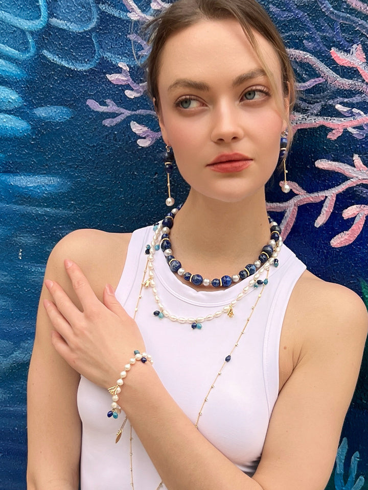Freshwater Pearls With Blue Gemstone and Flower Charms Bracelet LB008 - FARRA