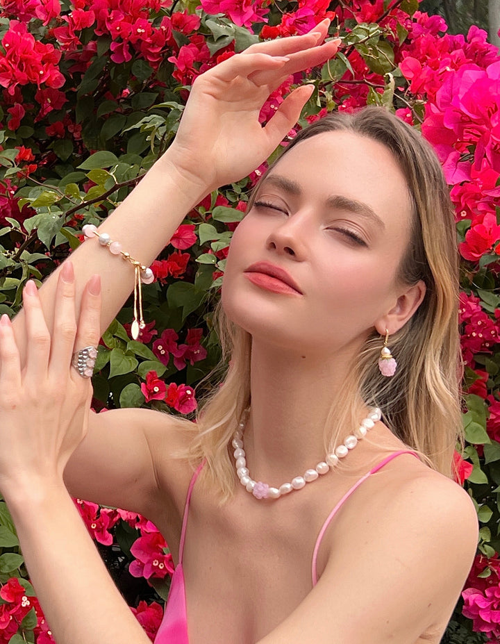 Pink Rose Quartz and Gray Freshwater Pearls Adjustable Bracelet LB003 - FARRA