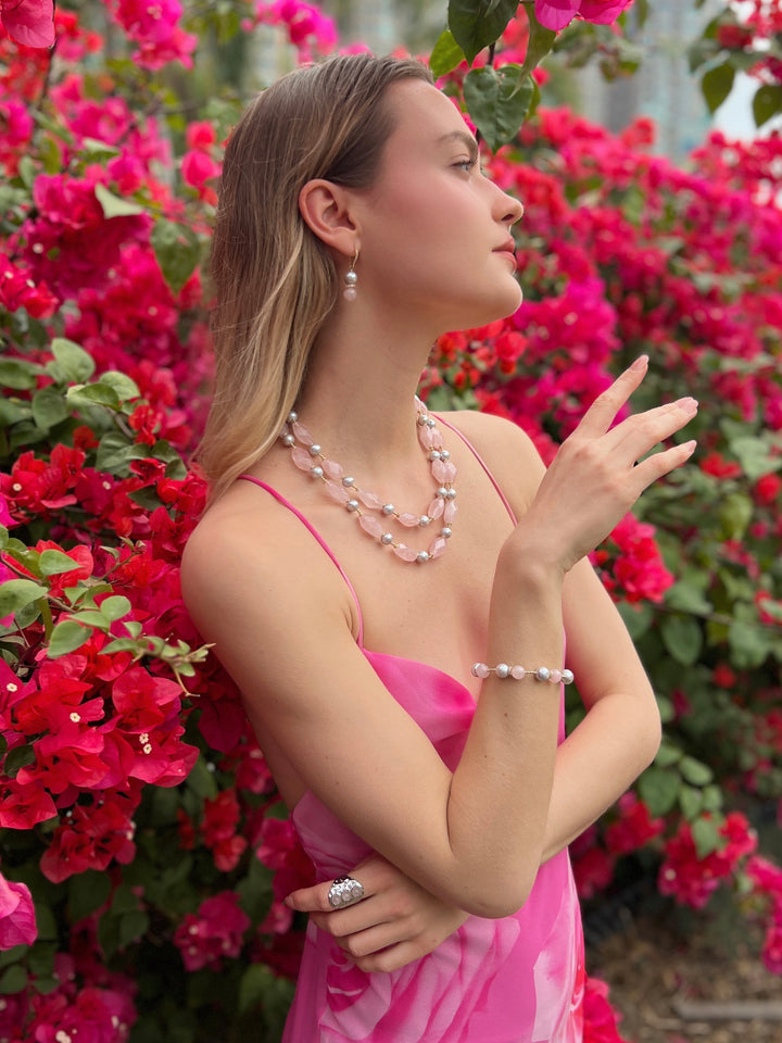 Pink Rose Quartz and Gray Freshwater Pearls Adjustable Bracelet LB003 - FARRA