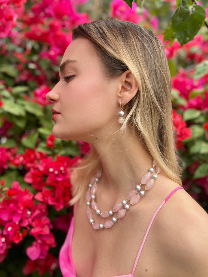 Pink Rose Quartz and Gray Freshwater Pearls Double Layers Necklace LN007 - FARRA