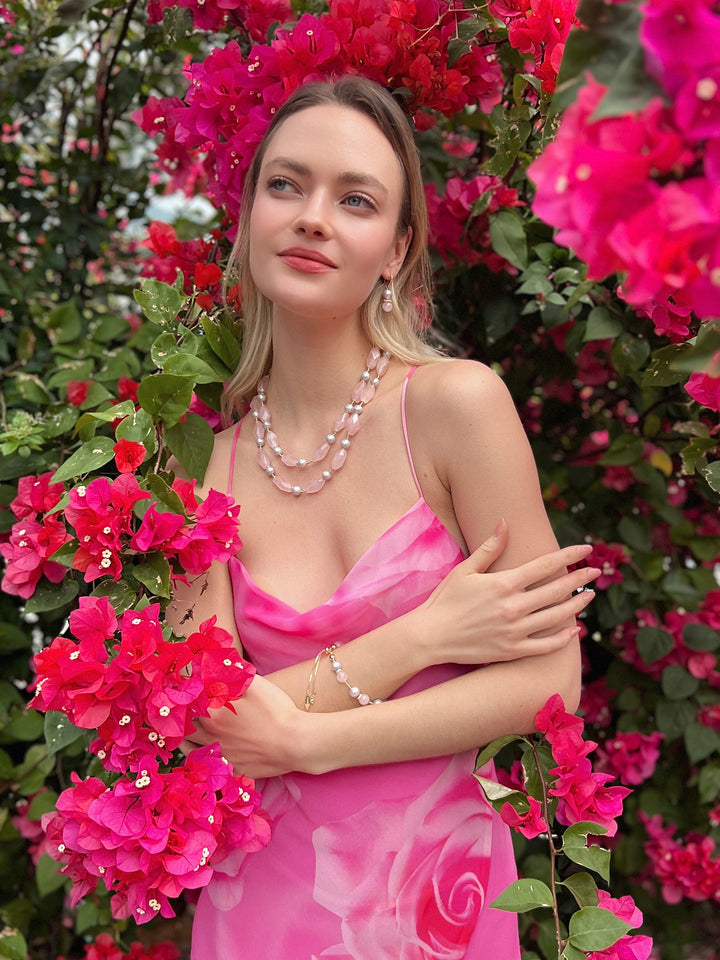 Pink Rose Quartz and Gray Freshwater Pearls Double Layers Necklace LN007 - FARRA