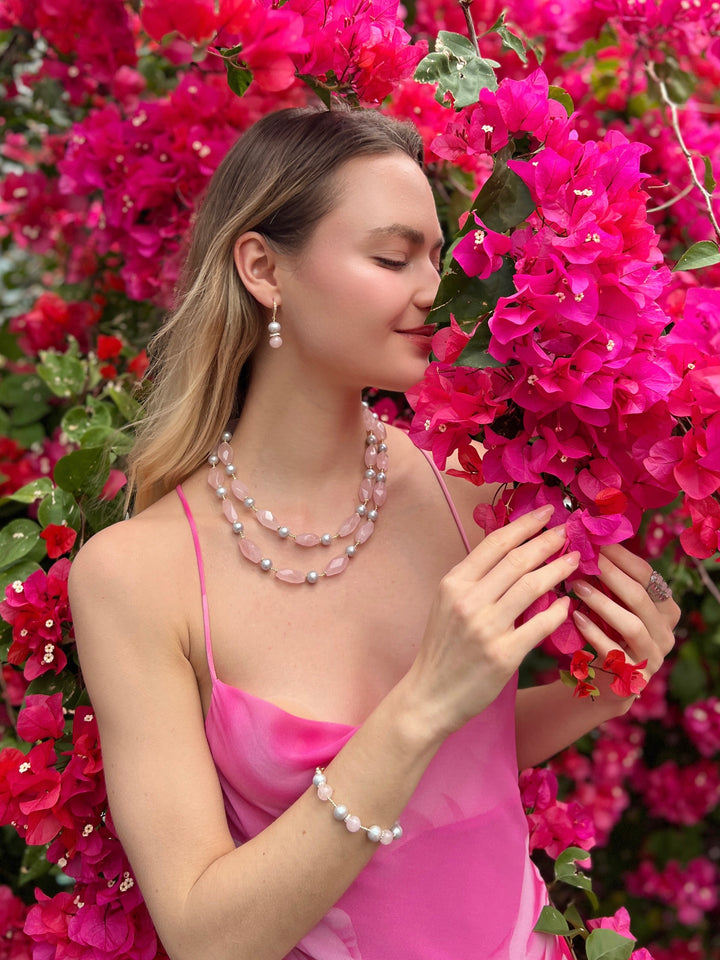 Pink Rose Quartz and Gray Freshwater Pearls Earrings LE004 - FARRA