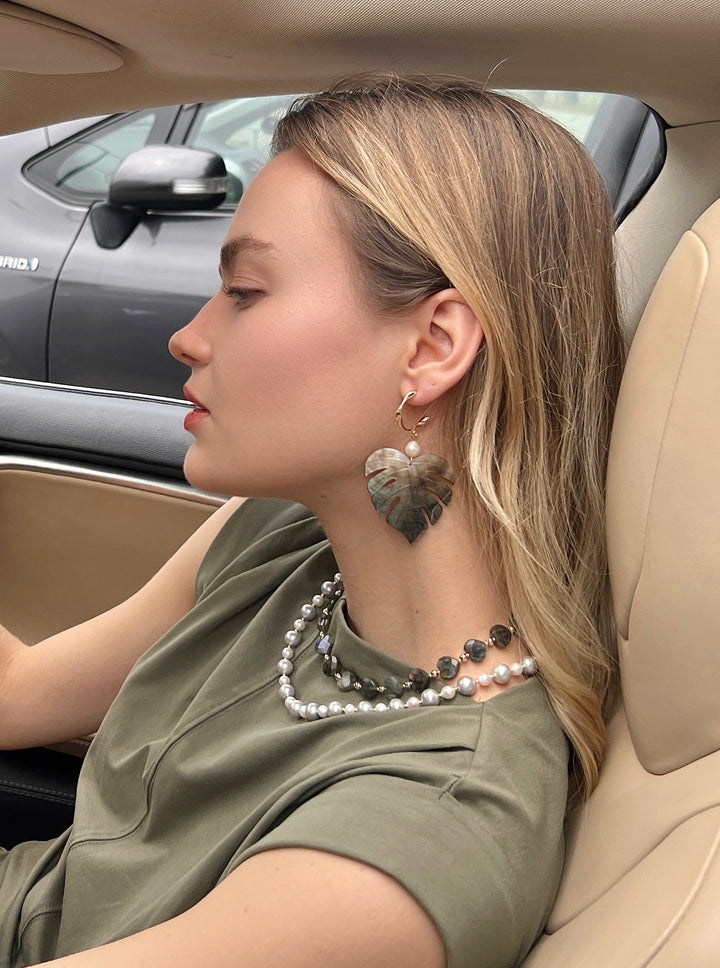 Leaves Shaped Shell With Pearls Hook Earrings LE047 - FARRA
