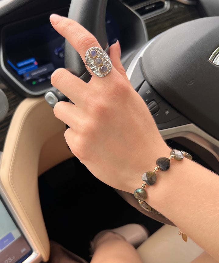 Labradorite Stone Nugget Platinum Plated Brass Ring LR012 - FARRA