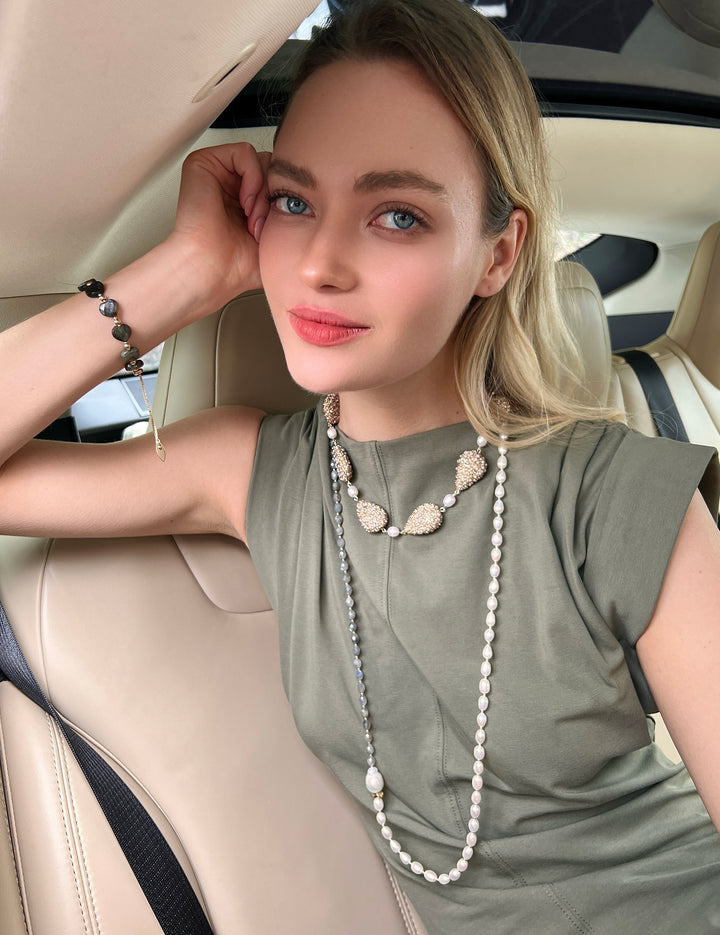Gray Labradorite With Freshwater Baroque Pearls Long Necklace LN078 - FARRA