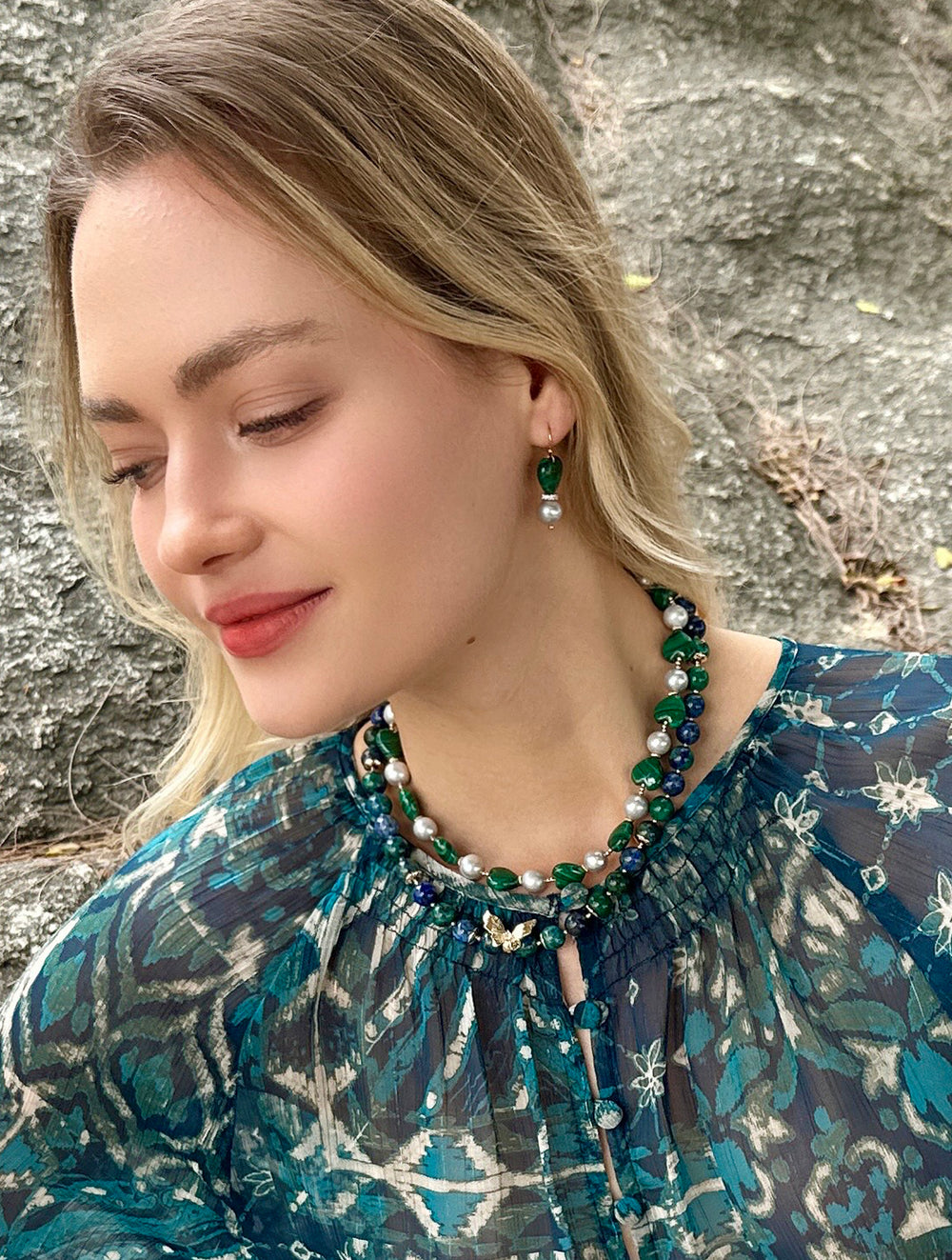 Heart Malachite with Gray Freshwater Pearls Dangle Earrings LE031 - FARRA