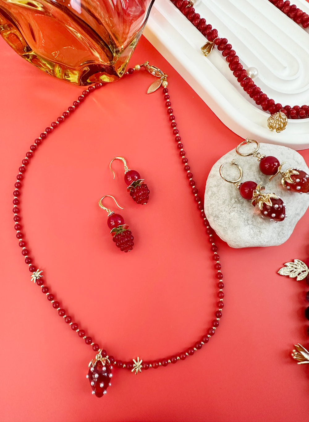 Red Coral With Strawberry Pendant Necklace JN005 - FARRA