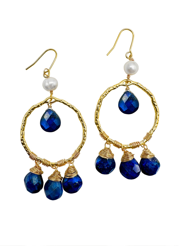 Bohemian Style Lapis with Freshwater Pearls Dangle Earrings KE010 - FARRA