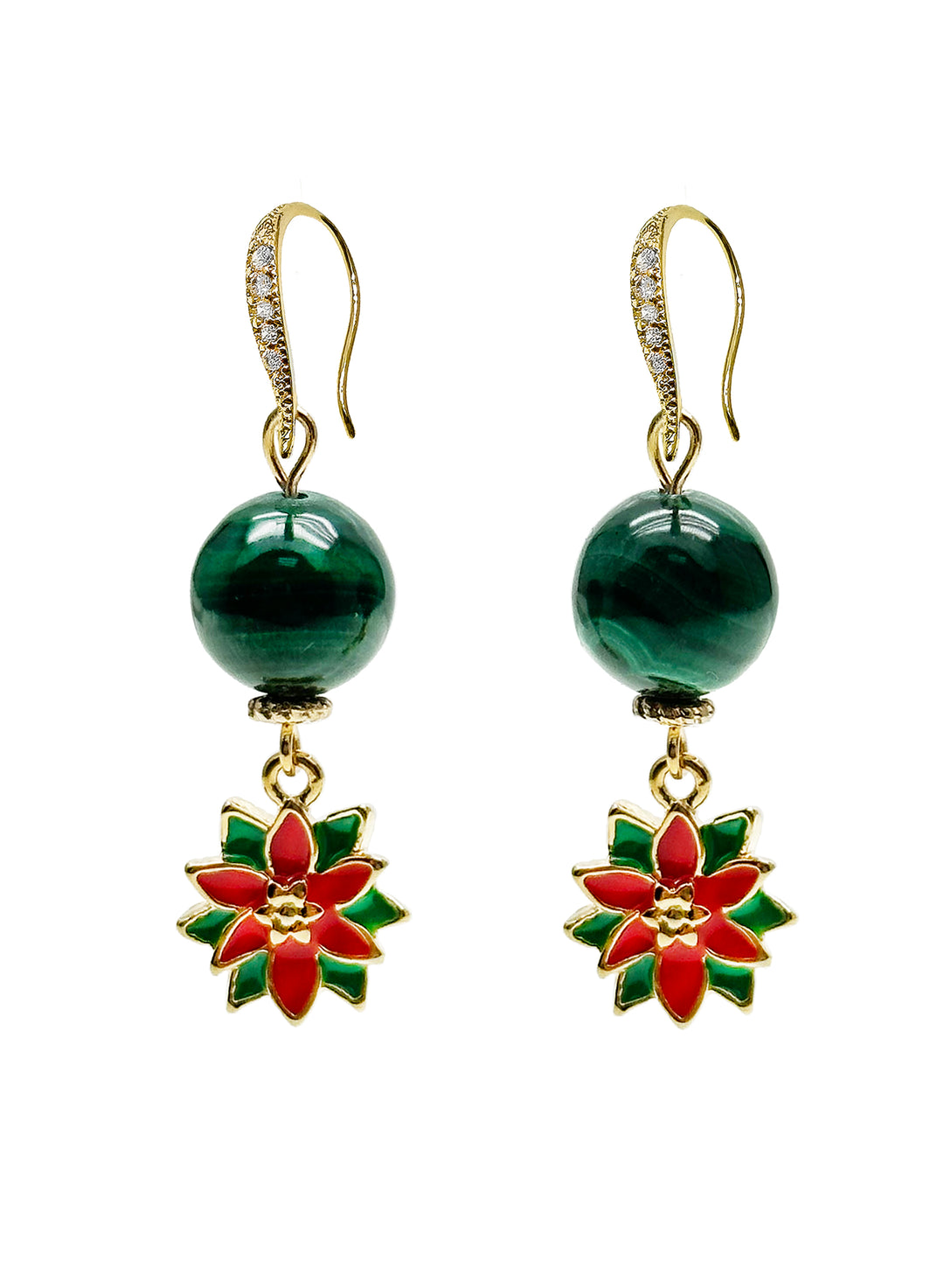 Malachite With X'mas Flower Dangle Earrings KE012 - FARRA
