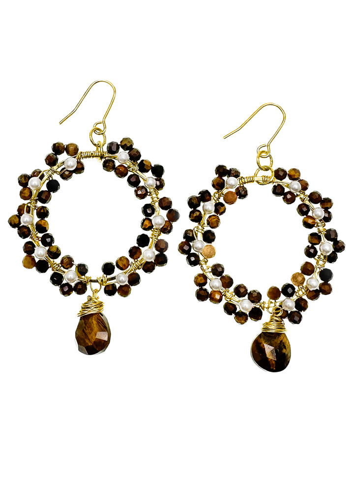 Tiger Eye Stone Crafted Flower Dangle Earrings KE016 - FARRA