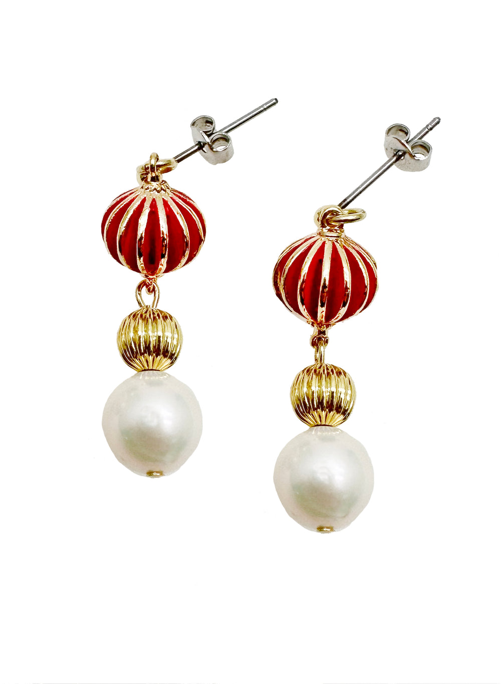 Red Bamboo Coral Freshwater Pearls Dangle Earrings KE031 - FARRA