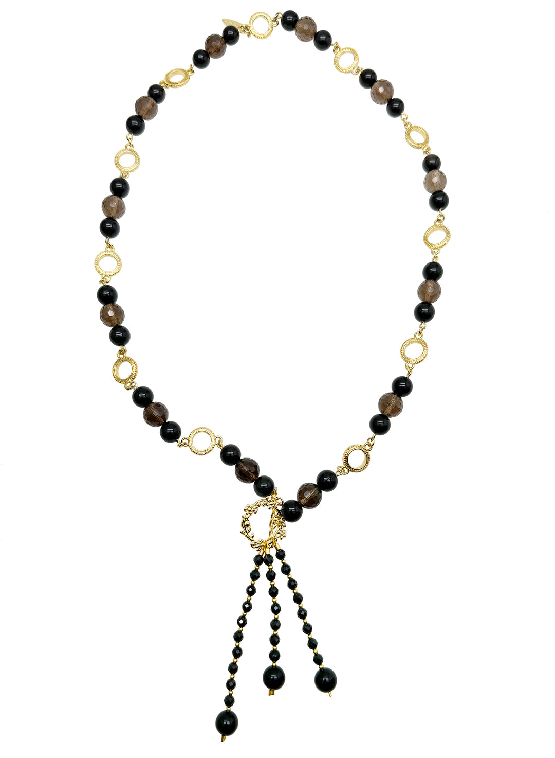 Y Shape Black Obsidian & Smoky Quartz Fringe Necklace KN053 - FARRA