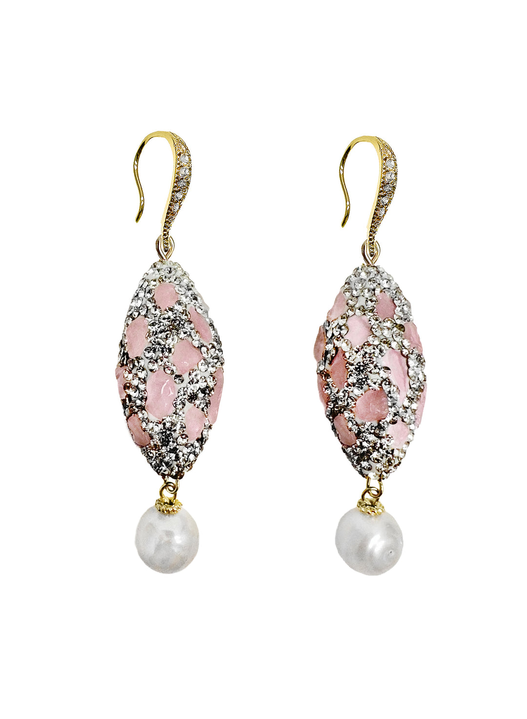 Rose Quartz Rhinestone and Freshwater Pearls Earrings LE007 - FARRA