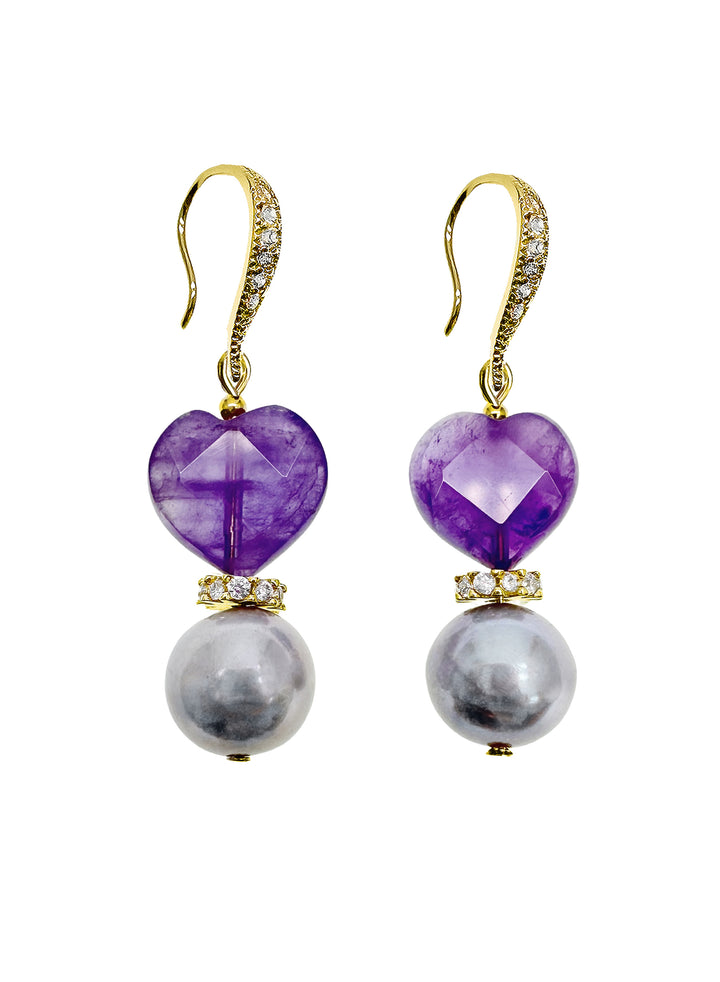Heart Shaped Amethyst With Gray Freshwater Pearl Earrings LE010 - FARRA