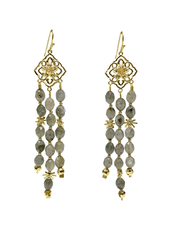 Bohemian Style Flower Frame With Labradorite Tassel Earrings LE045 - FARRA