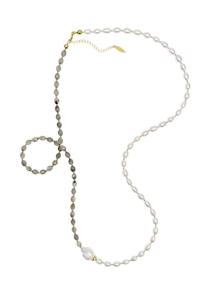 Gray Labradorite With Freshwater Baroque Pearls Long Necklace LN078 - FARRA