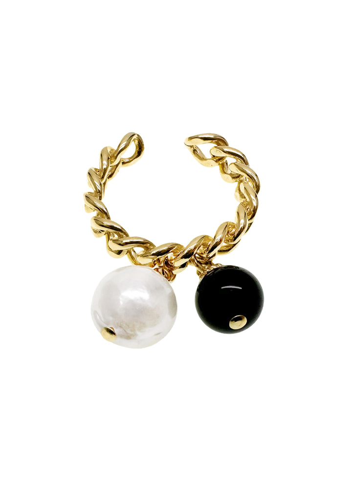 Timeless Black Obsidian And White Freshwater Drops Adjustable Ring LR011 - FARRA