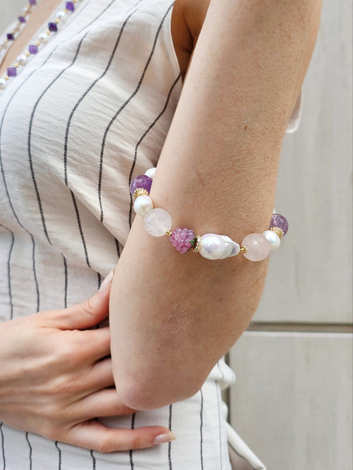 Baroque Pearls With Rose Quartz Amethyst And Raspberry Bracelet PB003