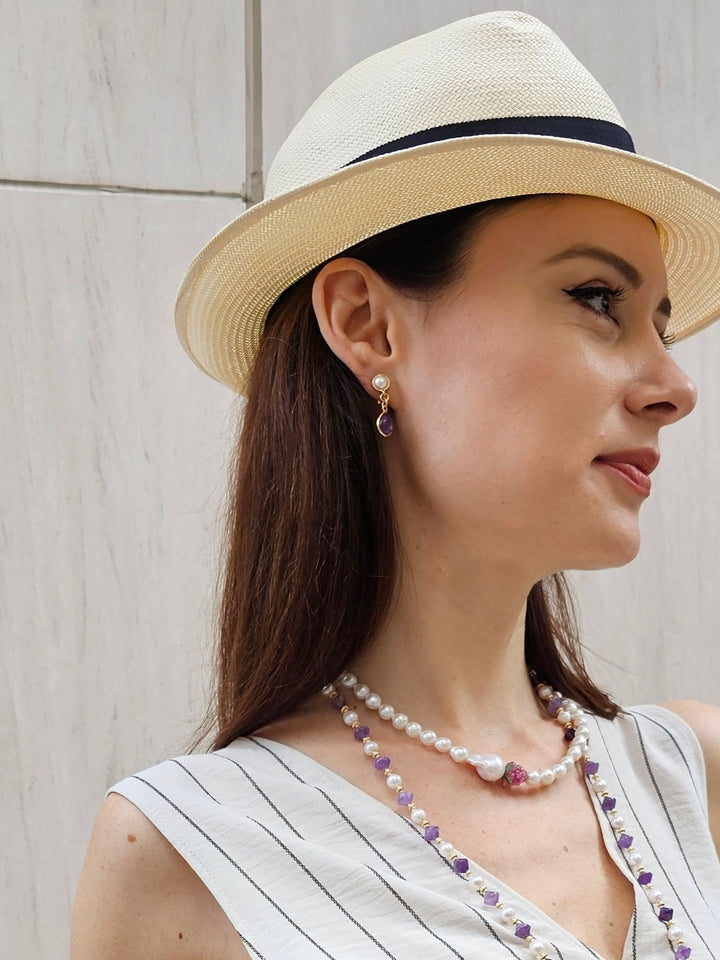 Teardrop Red Agate And Purple Amethyst Clip-On Earrings PE010