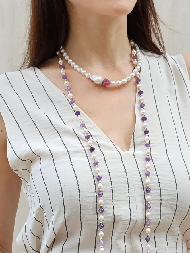 Freshwater Pearls With Raspberry and Baroque Pearl Necklace PN011